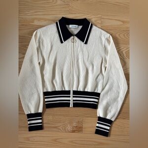 Sandro Cream and Black Cashmere Wool Zip Collared Cardigan